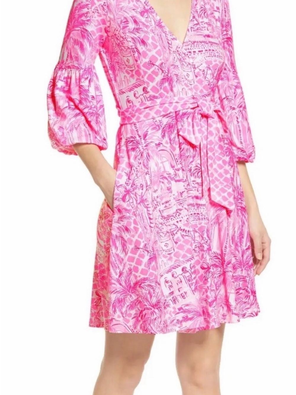 Lilly Pulitzer Chase Faux Wrap Dress “Pink Blossom Palm Beach Paradise” Small